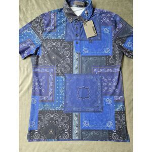 G Fore Polo Shirt Mens Medium Blue Paisley‎ Bandana Western Colorblock Geometric